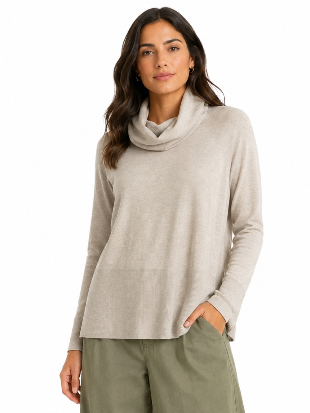 RAYA Beige Cowl Neck Tunic Sweater XL Rayon Blend Long Sleeve